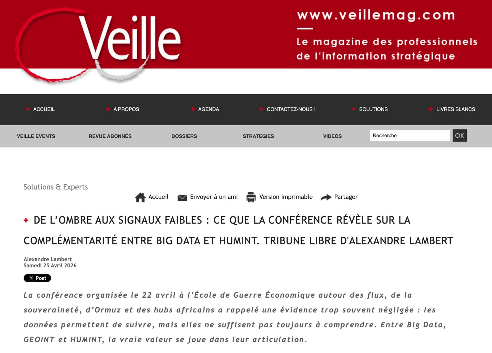 Proud to Contribute to VeilleMag: Big Data, GEOINT and HUMINT